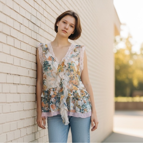 Anthropologie ladies cream & teal Bohemian spring ruffle blouse NWT (Size XL) - Picture 1 of 11